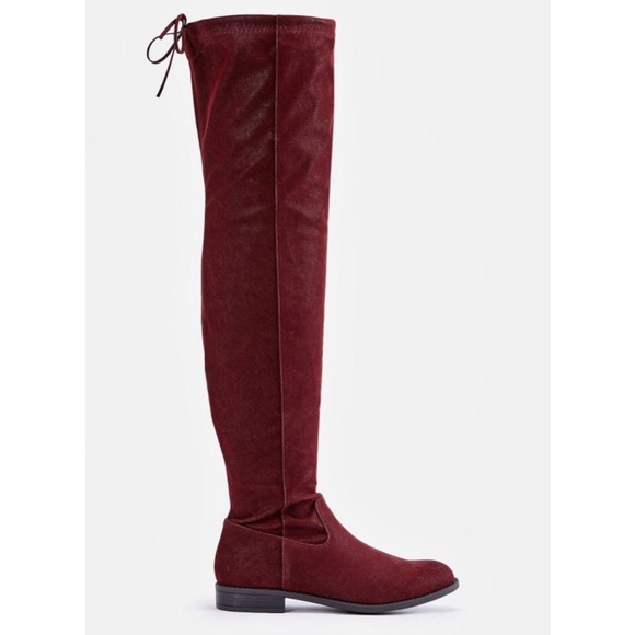 Burgundy over the knee flat suede boots - Picture 3 of 5